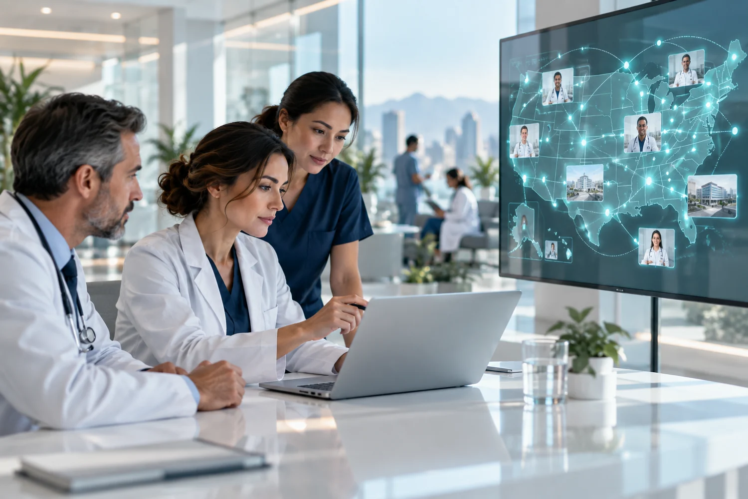 Equipe colaborando por meio de uma rede digital de profissionais da saúde