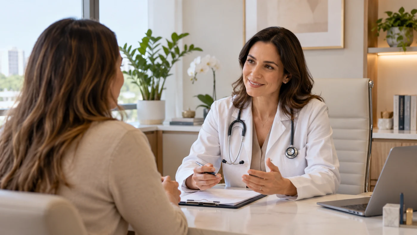 Médica conversando com uma paciente em consultório
