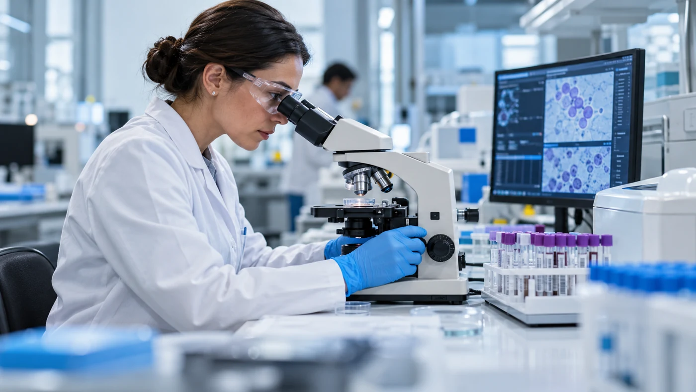 Profissional de laboratório utilizando microscópio para analisar amostras