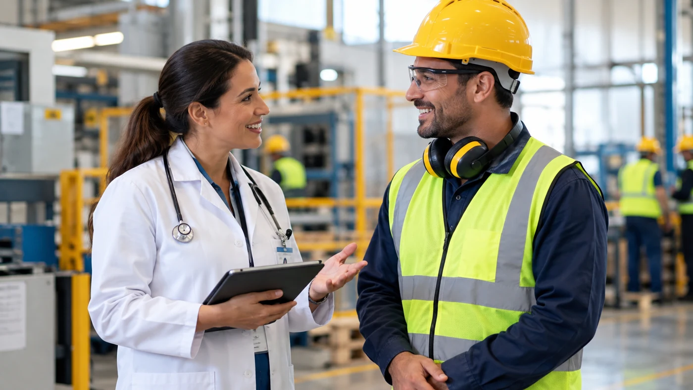 Profissional da saúde conversando com trabalhador em ambiente industrial