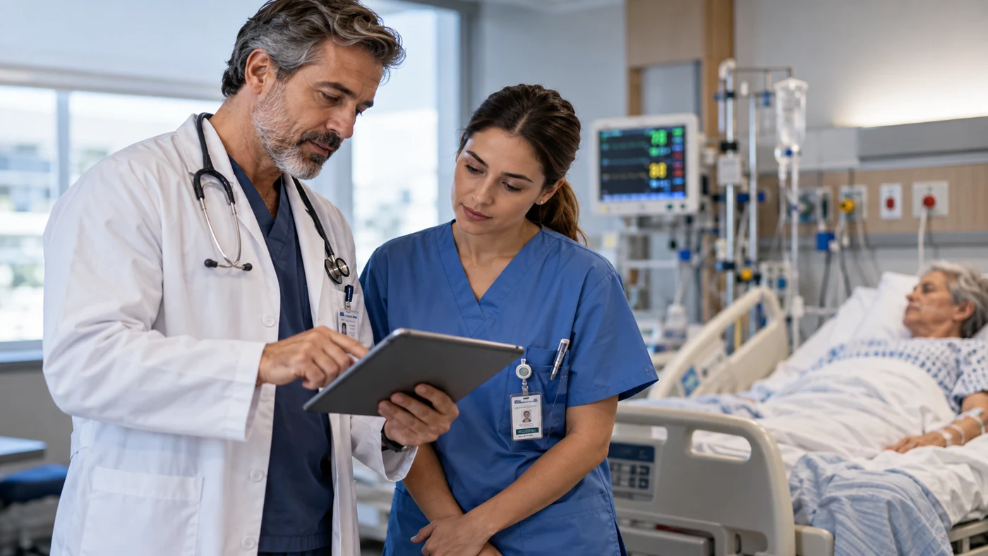 Médico e profissional de enfermagem analisando informações em um tablet
