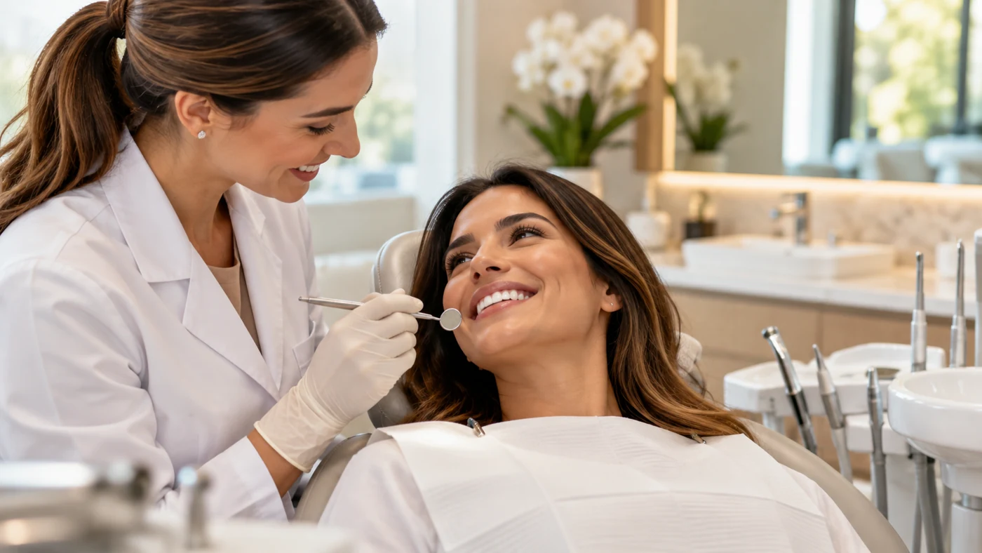Dentista atendendo uma paciente em clínica odontológica